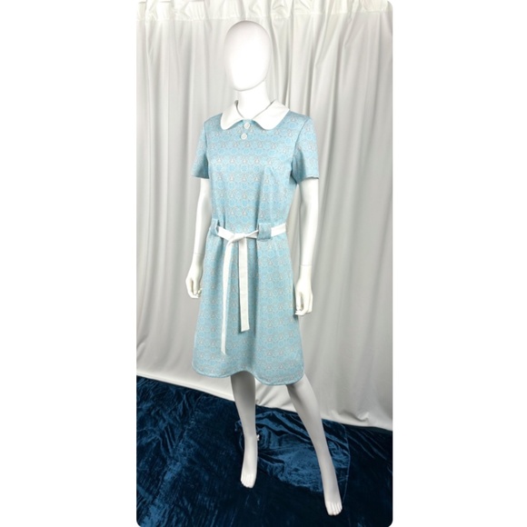Vintage 1960’s 1970’s Sears Collared Shirt Dress in Soft Baby Blue + Grey - S/M - Picture 6 of 10